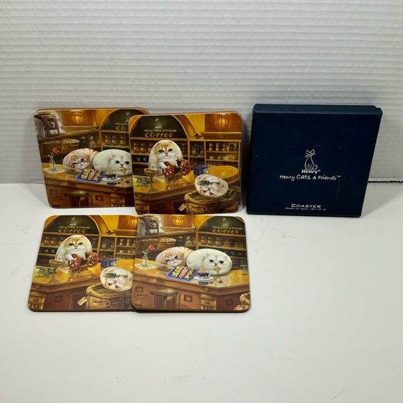 Henry Cats & Friends Cat Coaster Set Of 4 By Artist Henry Lee Coffee Cafe Cats - Picture 4 of 8